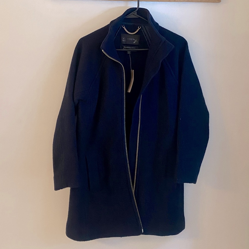 NWT J. Crew Swingy Mockneck Zip Up Coat Jacket Italian Wool Navy Blue AQ910 XXSP - Picture 2 of 6